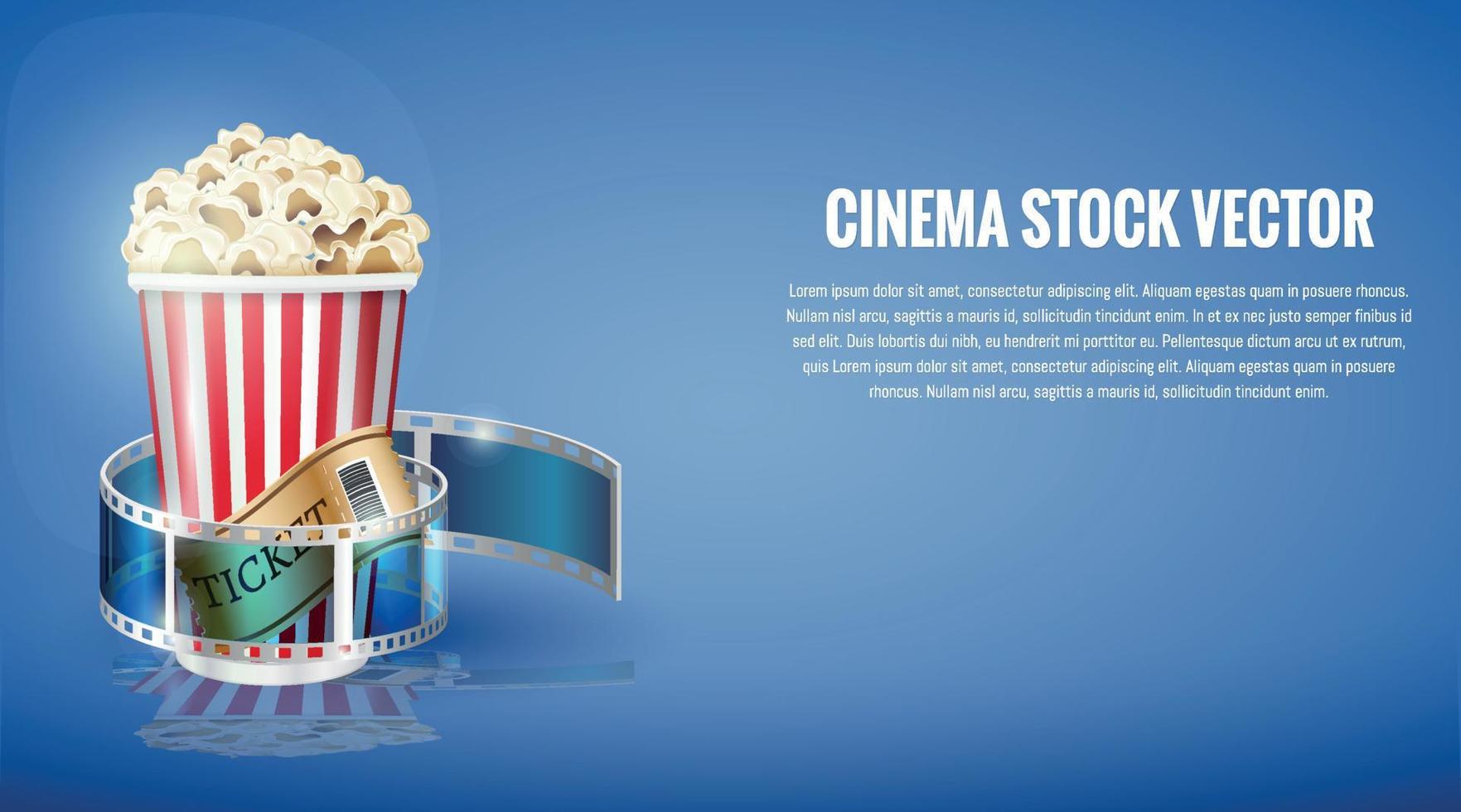 Cinematograph concept banner design template with popcorn, drink, film reel, film tape and ticket on blue bokeh background. Realistic vector illustration.