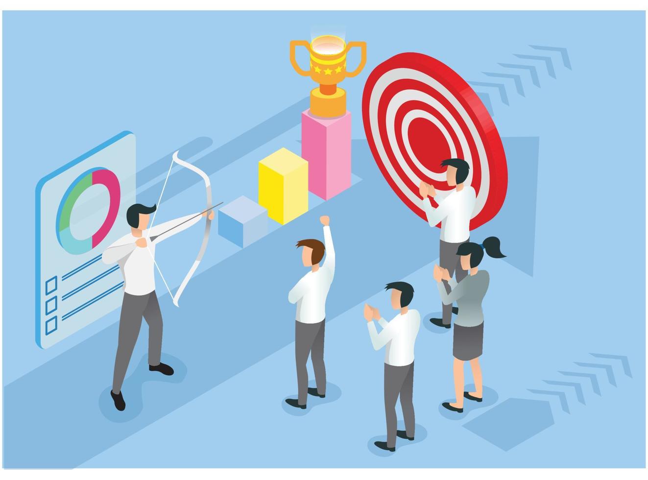 Isometric Businessman shooting a bow and arrow. Success. Arrow hit the center of the target. Business target achievement concept, vector Illustration