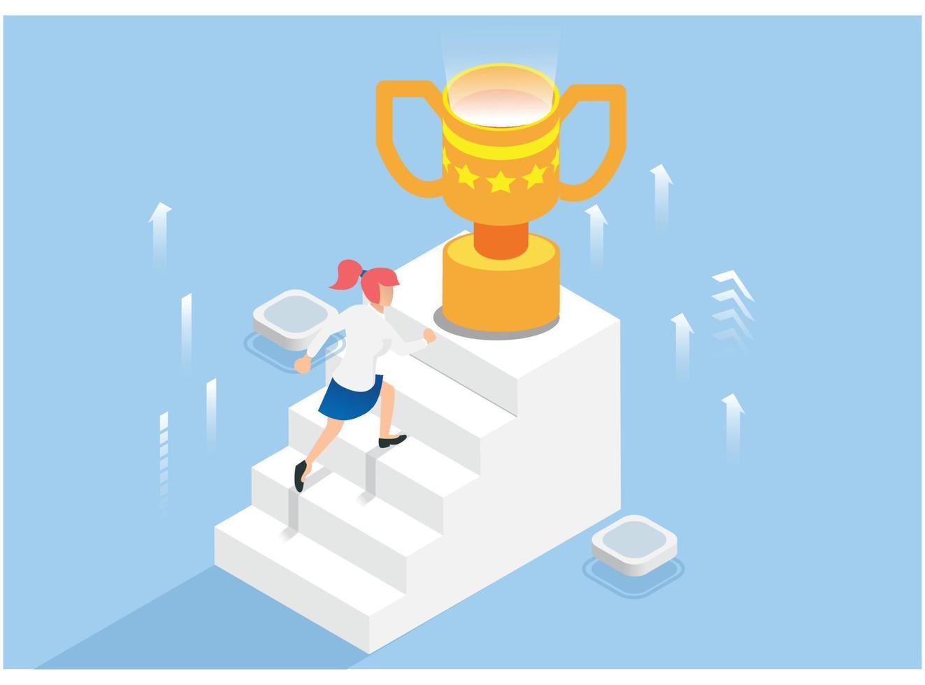 Businesswoman Walking up Stairs to Goal, Business Concept Simple Vector of Overcome Obstacles to Success. - Vector illustration