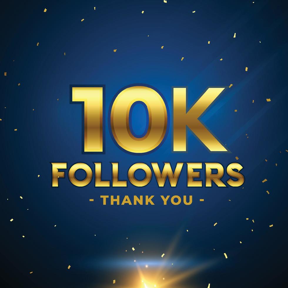 10000 followers celebration vector banner with text and numbers set. Social media achievement poster. 10k followers thank you lettering. Golden sparkling confetti ribbons.