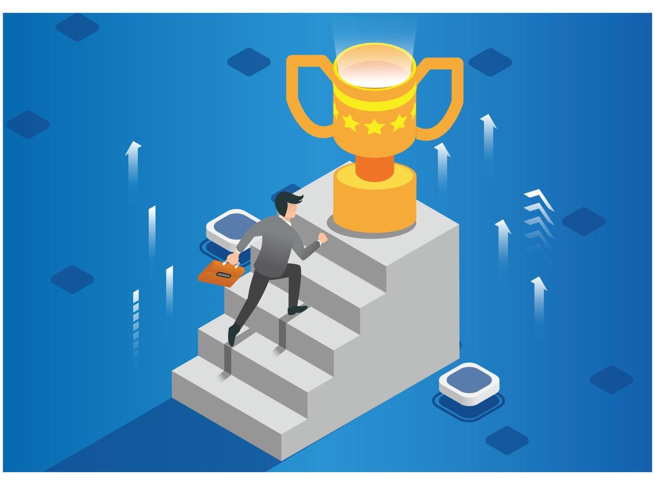 Businessman Walking up Stairs to Goal, Business Concept Simple Vector of Overcome Obstacles to Success. - Vector illustration
