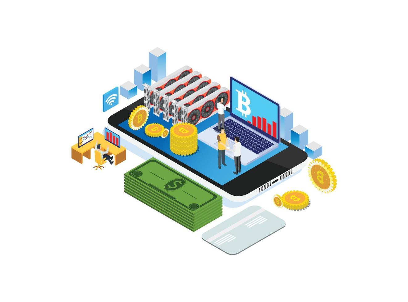 Modern Isometric Cryptocurrency Production Illustration, Suitable for Diagrams, Infographics, Book Illustration, Game Asset, And Other Graphic Related Assets vector