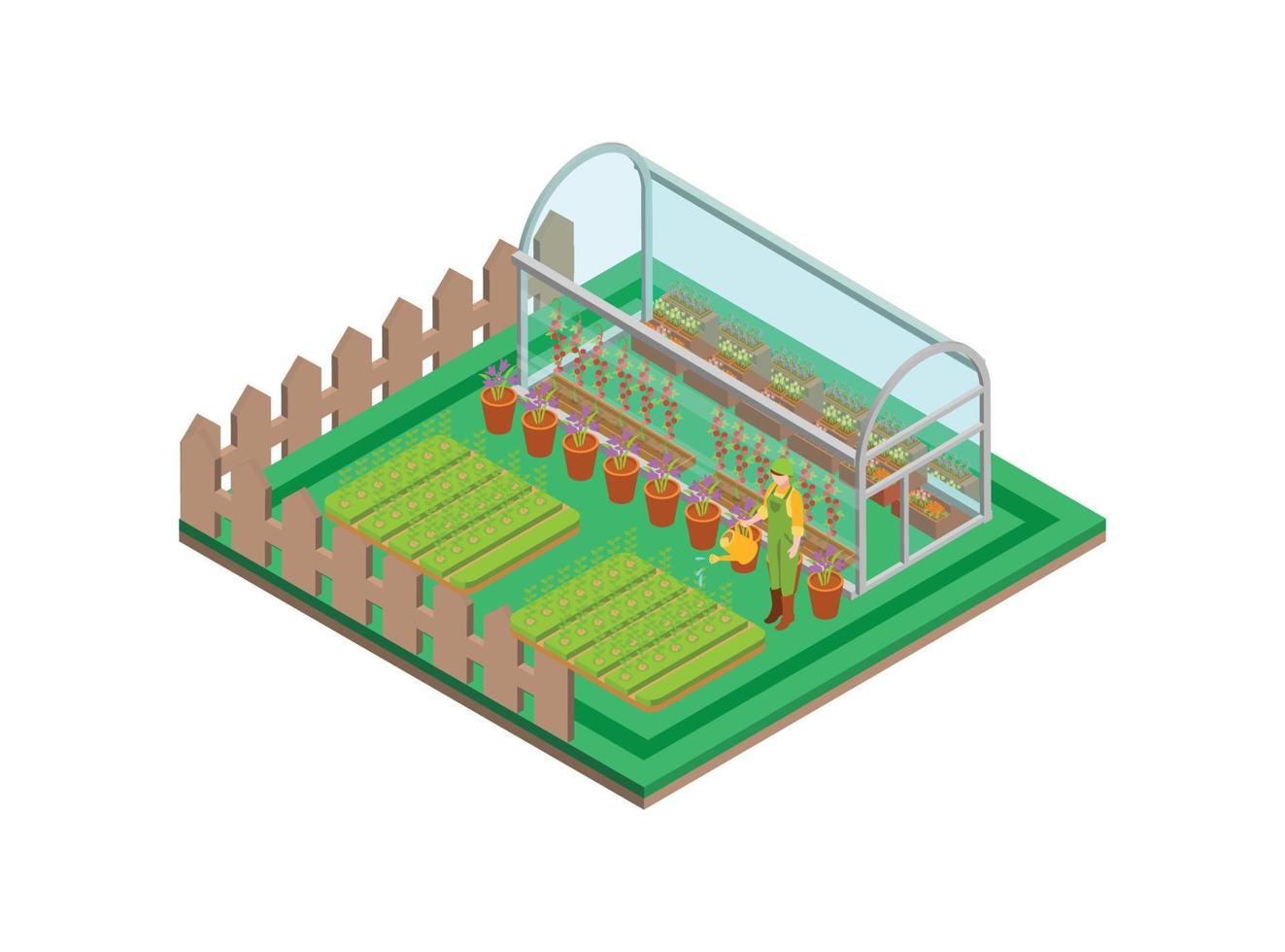 Isometric greenhouse with glass walls, foundations, gable roof, garden bed. Mass farm for growing plants. Suitable for Diagrams, Infographics, Book Illustration, Game Asset, And Other Graphic Related vector