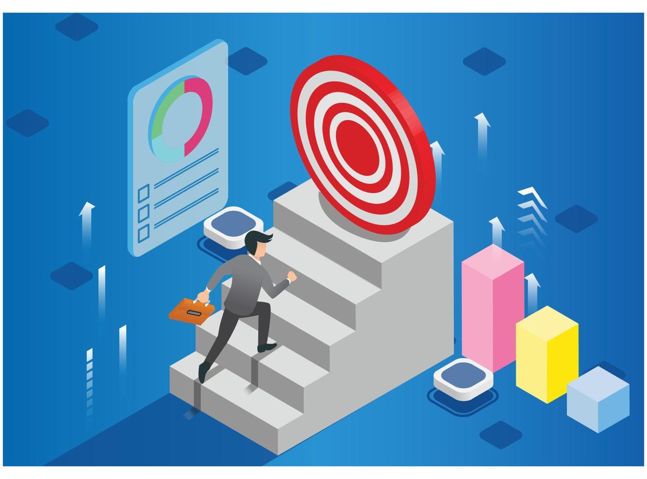 Businessman Walking up Stairs to Goal, Business Concept Simple Vector of Overcome Obstacles to Success. - Vector illustration
