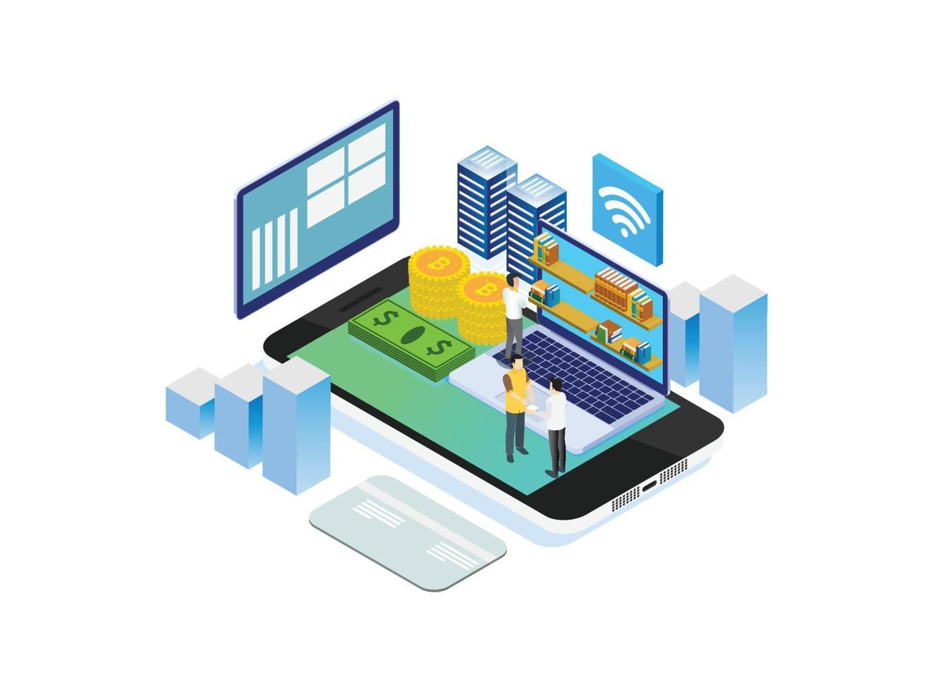 Modern Isometric Smart Financial Technology Illustration, Suitable for Diagrams, Infographics, Book Illustration, Game Asset, And Other Graphic Related Assets vector