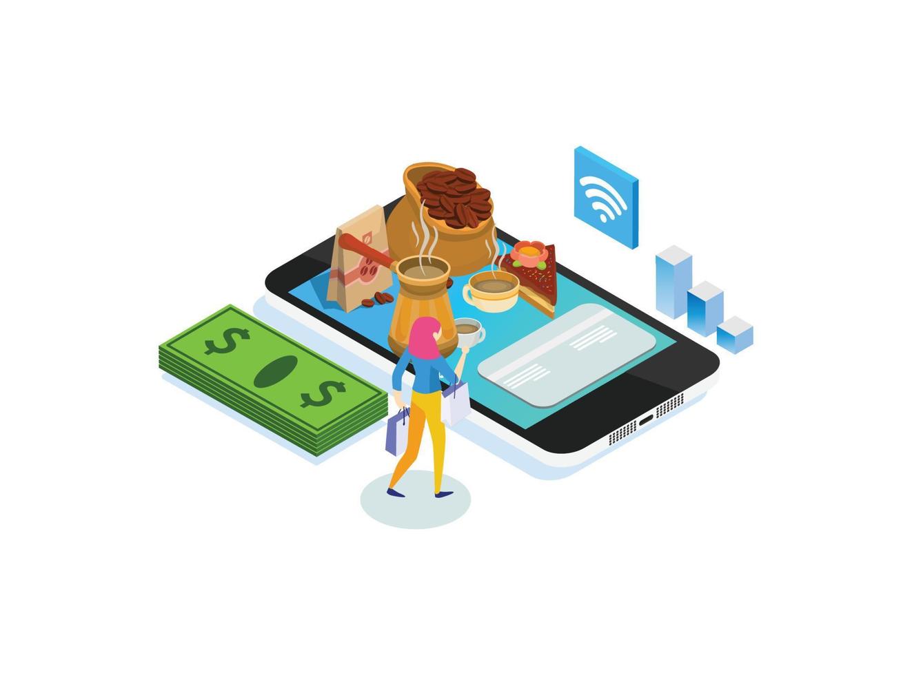 Modern Isometric Smart Cashless Online Grocery Illustration, Suitable for Diagrams, Infographics, Book Illustration, Game Asset, And Other Graphic Related Assets vector