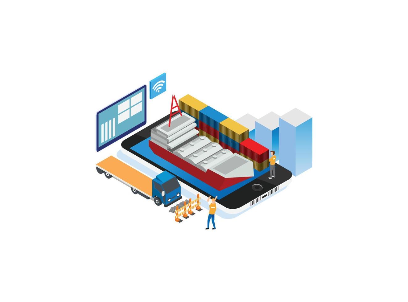 Modern Isometric Smart Commercial Port Logistic System Illustration, Suitable for Diagrams, Infographics, Book Illustration, Game Asset, And Other Graphic Related Assets vector