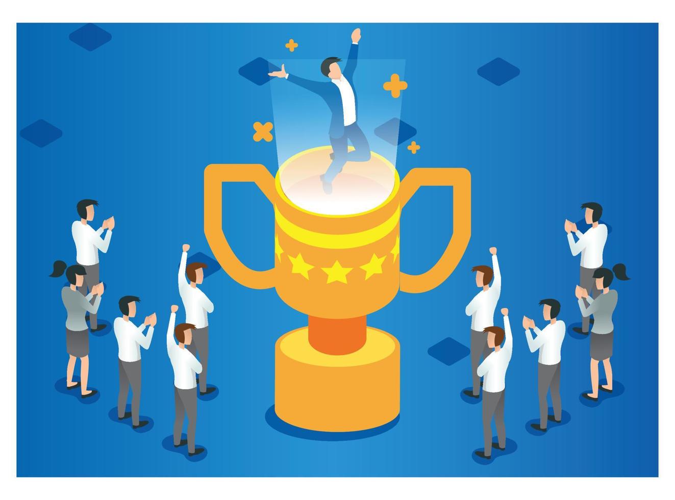 3d isometric celebrating success in achieving sales target. Vector Isometric Illustration Suitable for Diagrams, Infographics, And Other Graphic assets