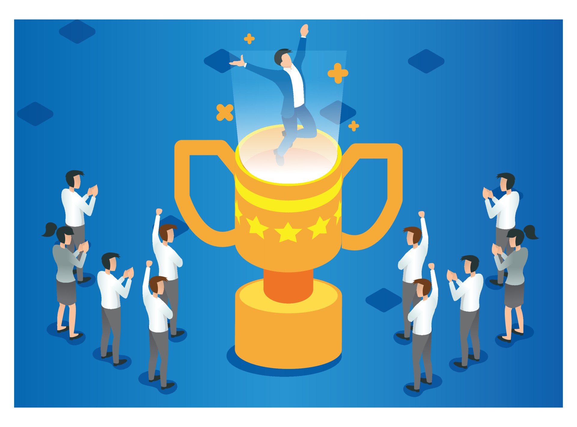 3d isometric celebrating success in achieving sales target. Vector