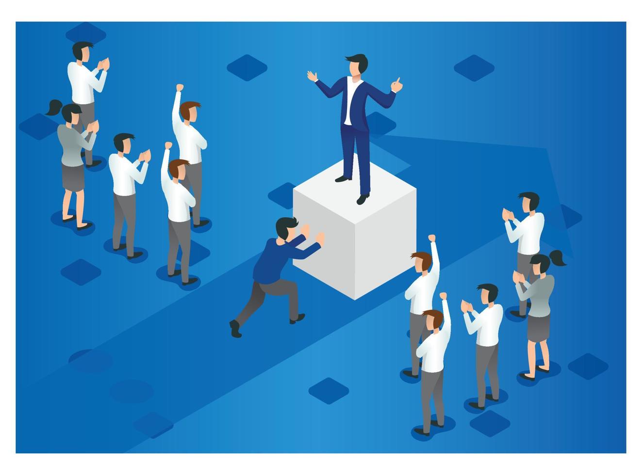 Isometric Business people pushing cubes. Winner easily moving the cube. Winning strategy, efficiency, innovation in business concept - Illustration Vector