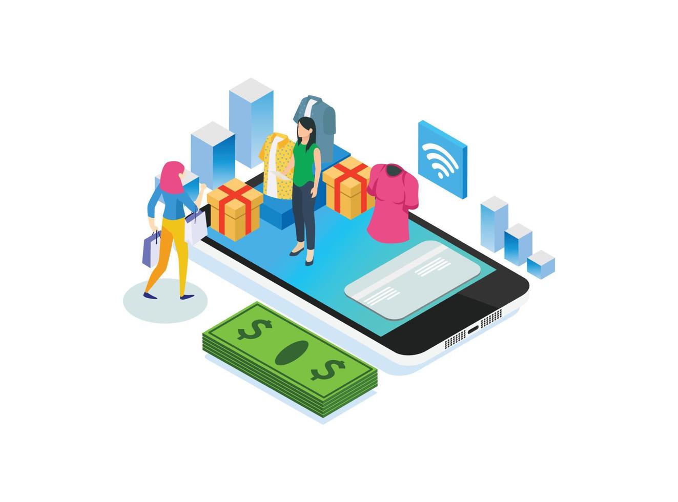 Isometric Digital E-Commerce Online Shopping Delivery Illustration, Suitable for Diagrams, Infographics, Book Illustration, Game Asset, And Other Graphic Related Assets vector