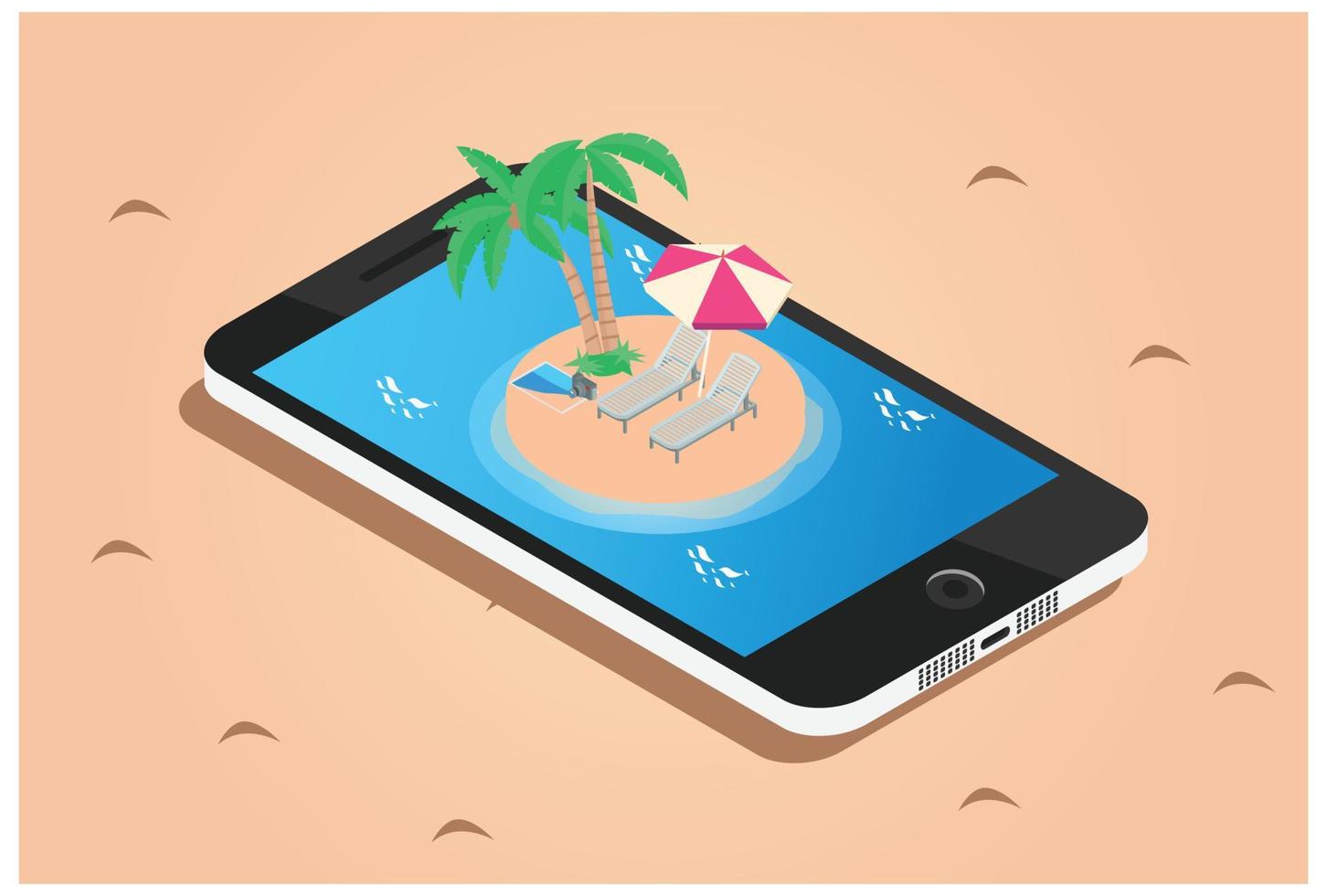 Isometric Vacation icon. Summer vacation. Turquoise sea, deckchairs, white sand and palms, sun, very beautiful nature. two beach lounge chairs under tent on beach vector