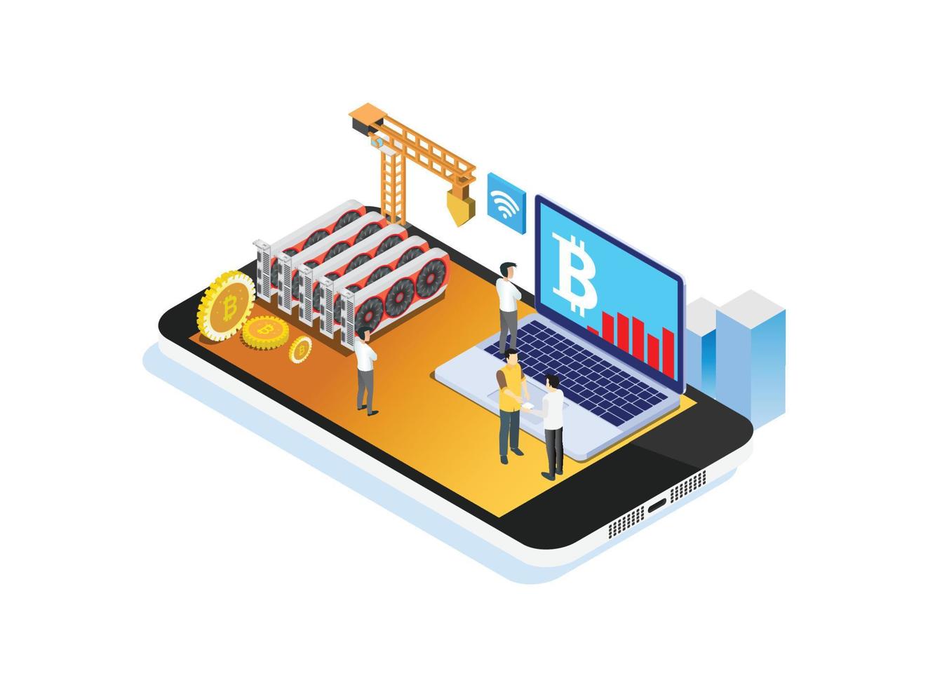 Modern Isometric Smart cryptocurency Mining Illustration, Suitable for Diagrams, Infographics, Book Illustration, Game Asset, And Other Graphic Related Assets vector