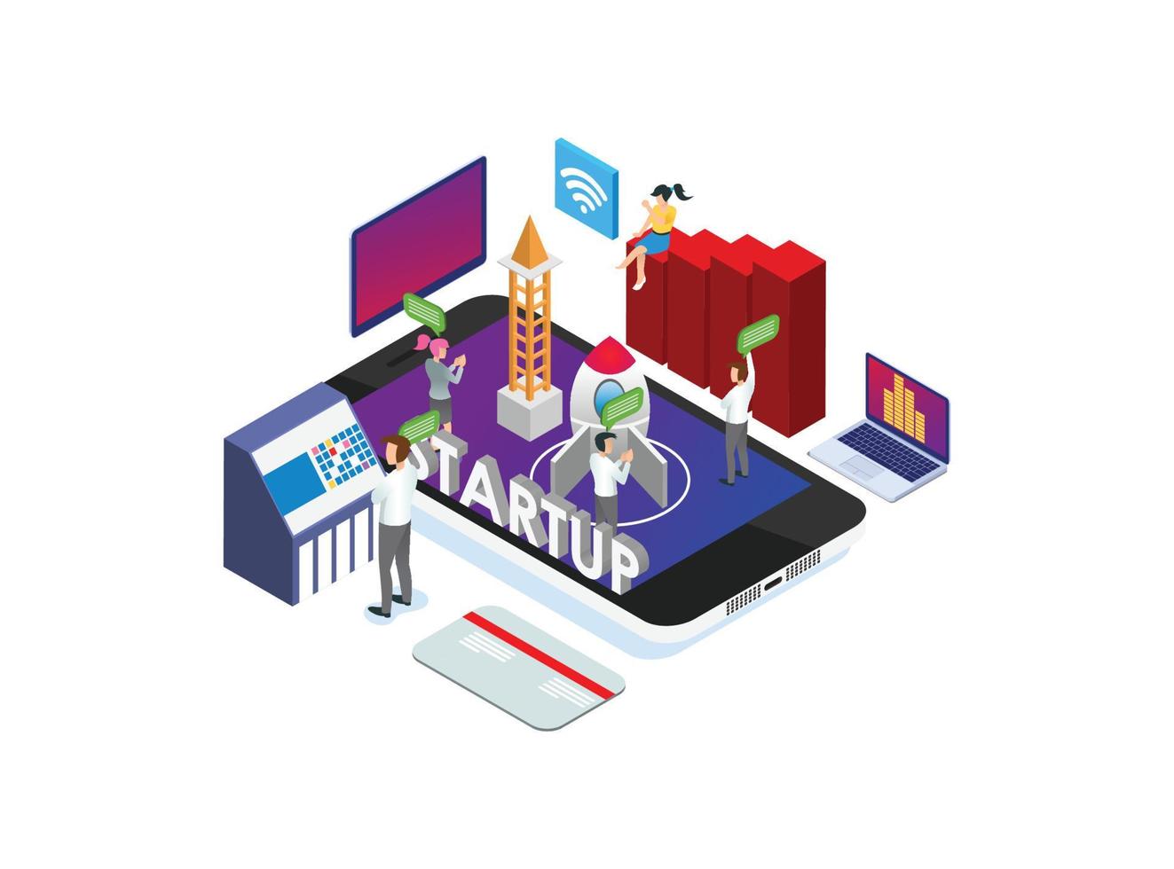 Modern Isometric Smart Technology Startup Product Launch Illustration in White Isolated Background With People and Digital Related Asset vector