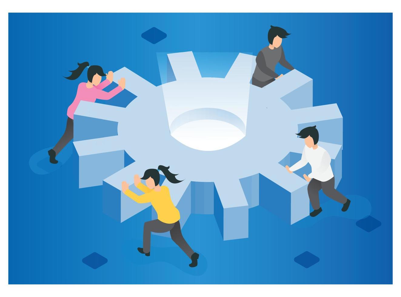 Flat 3d isometric business team pushing a big cogwheel. Teamwork concept. vector illustration