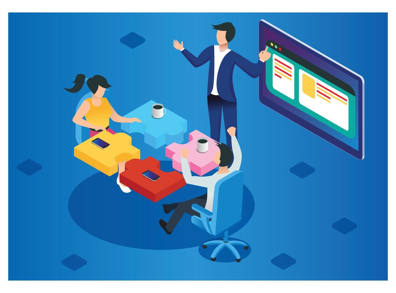 Project management and financial report strategy. Consulting team. Collaboration concept with collaborative people. Isometric business analysis planning. Flat isometric characters, vector illustration