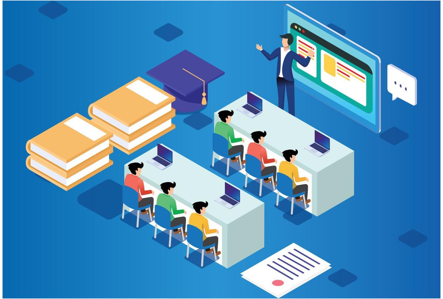 Isometric Modern Smart E-Learning Technology Illustration, Suitable for Diagrams, Infographics, Book Illustration, Game Asset, And Other Graphic Related Assets in isolated white background - Vector
