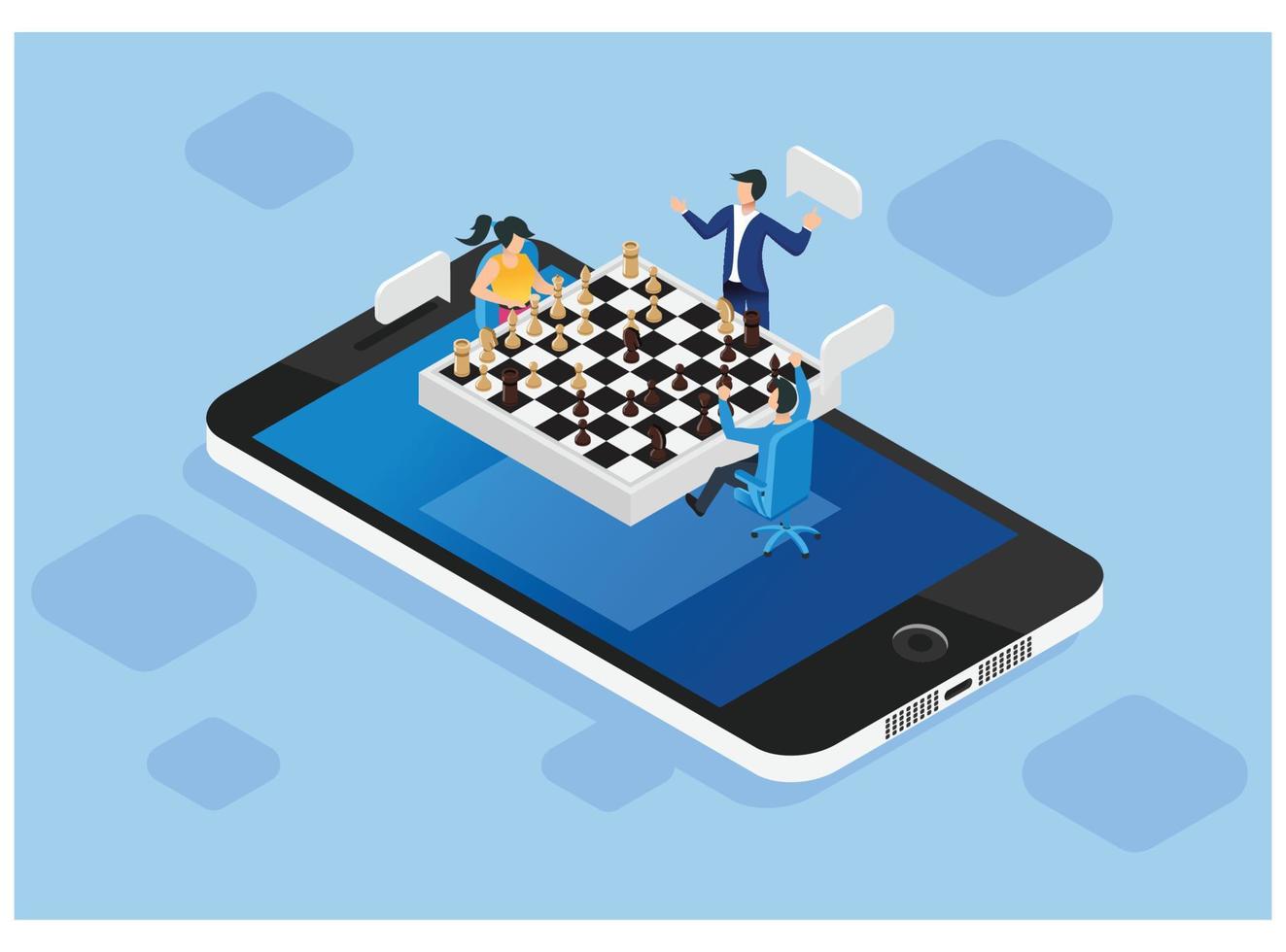 Isometric illustration playing chess online against various enemies.  Vector Isometric Illustration Suitable for Diagrams, Infographics, And Other Graphic assets