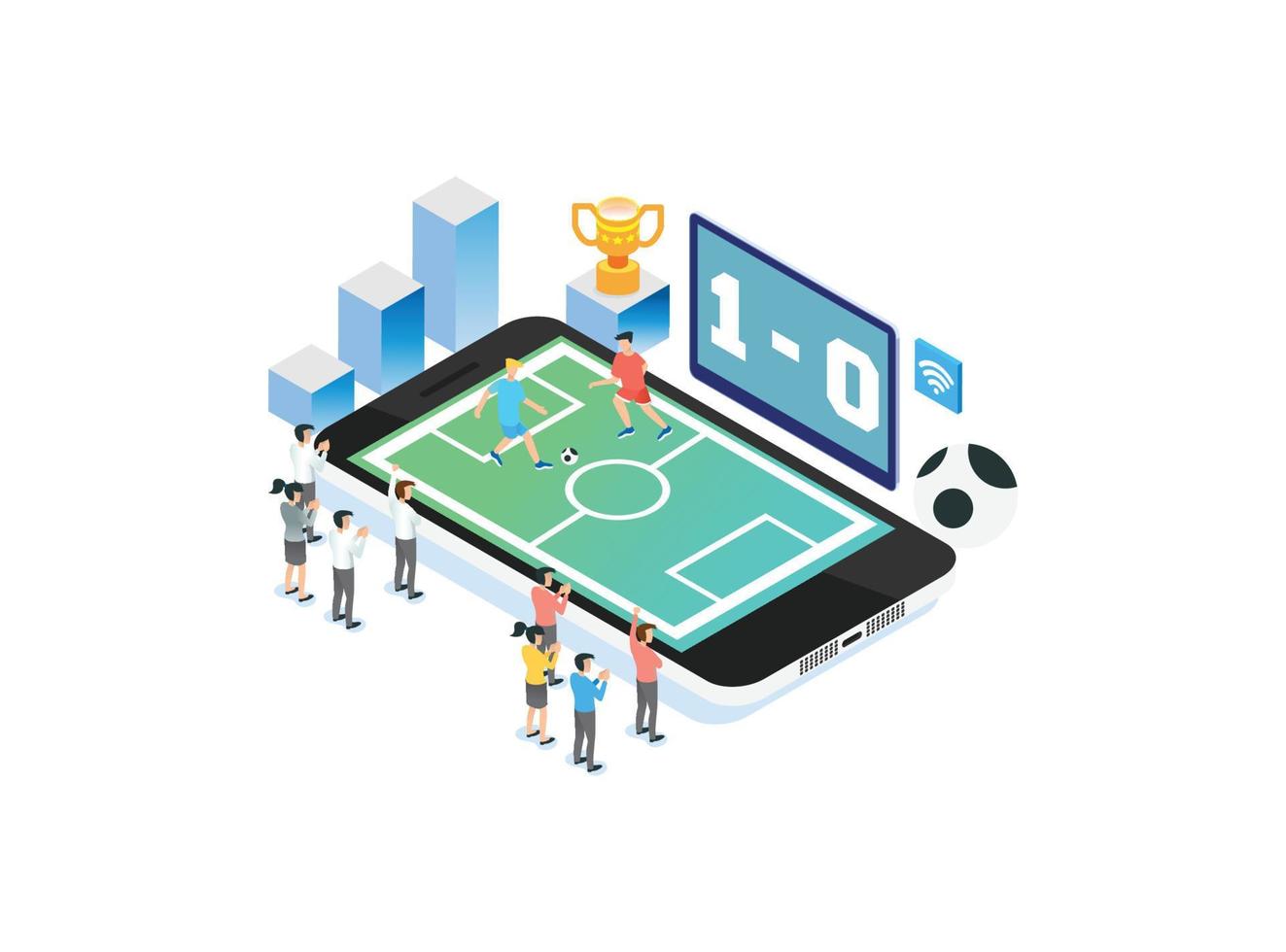 ilustración de tecnología de fútbol en vivo en línea inteligente isométrica 3d moderna en fondo blanco aislado con personas y activos digitales relacionados vector