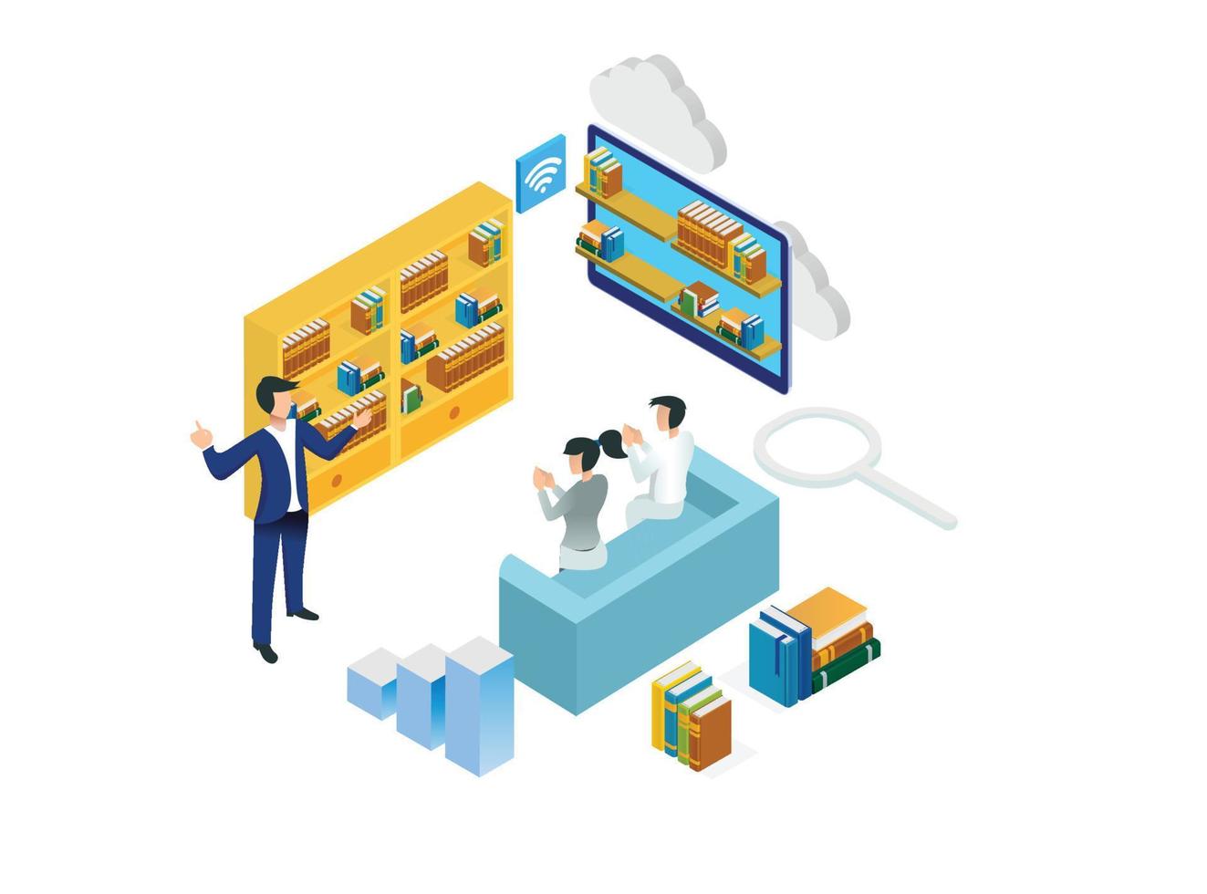 Modern Isometric Smart Library Interior Illustration, Suitable for Diagrams, Infographics, Book Illustration, Game Asset, And Other Graphic Related Assets vector