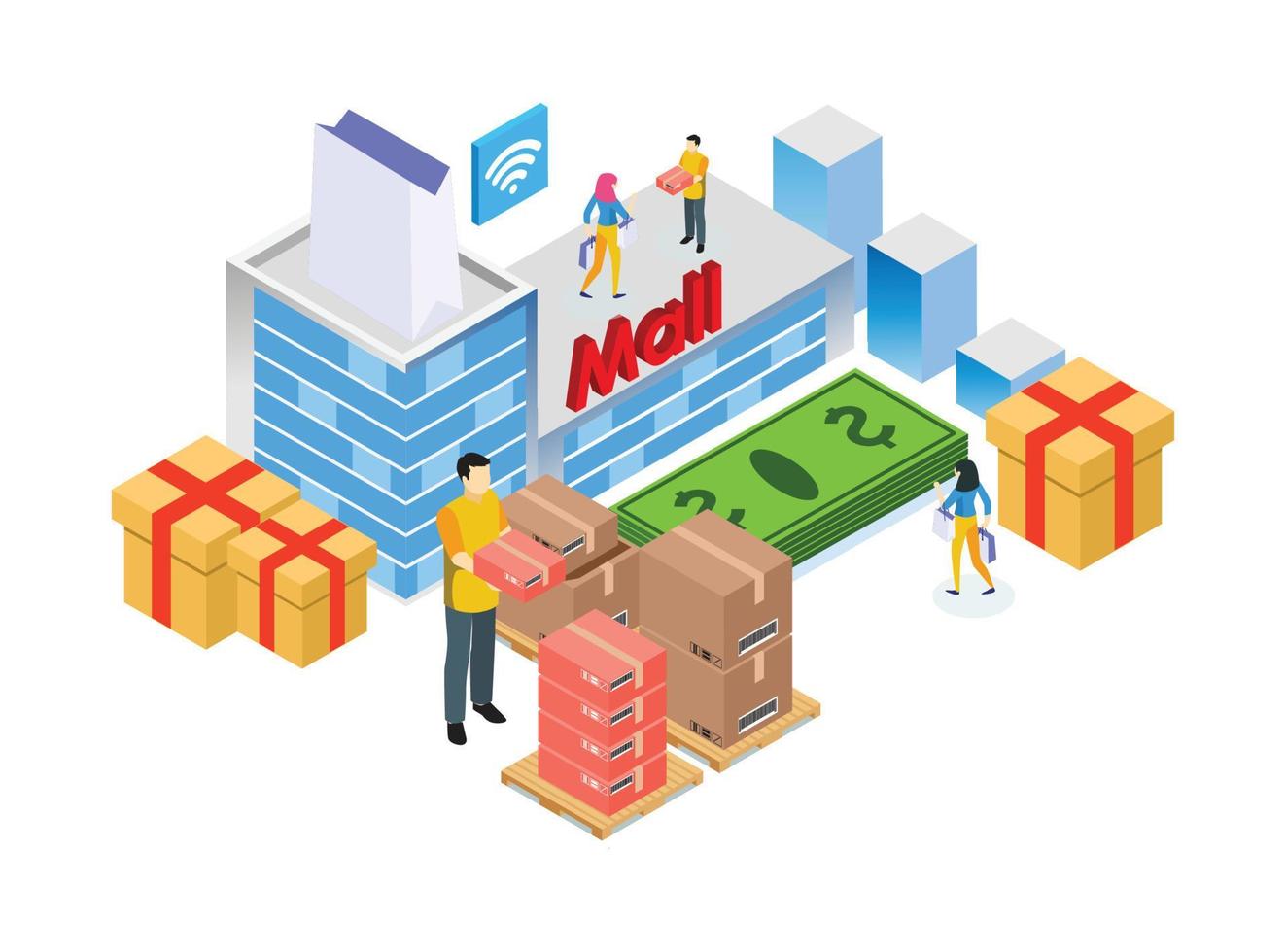 Modern Isometric E-Commerce Online Shopping Delivery Illustration, Suitable for Diagrams, Infographics, Book Illustration, Game Asset, And Other Graphic Related Assets vector