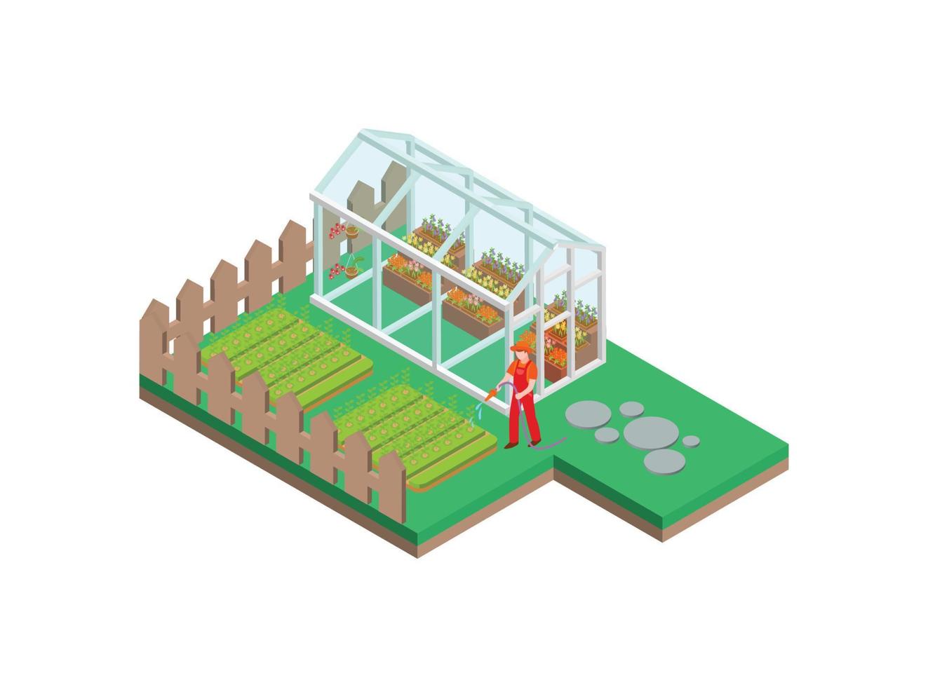 Isometric greenhouse with glass walls, foundations, gable roof, garden bed. Mass farm for growing plants. Suitable for Diagrams, Infographics, Book Illustration, Game Asset, And Other Graphic Related vector