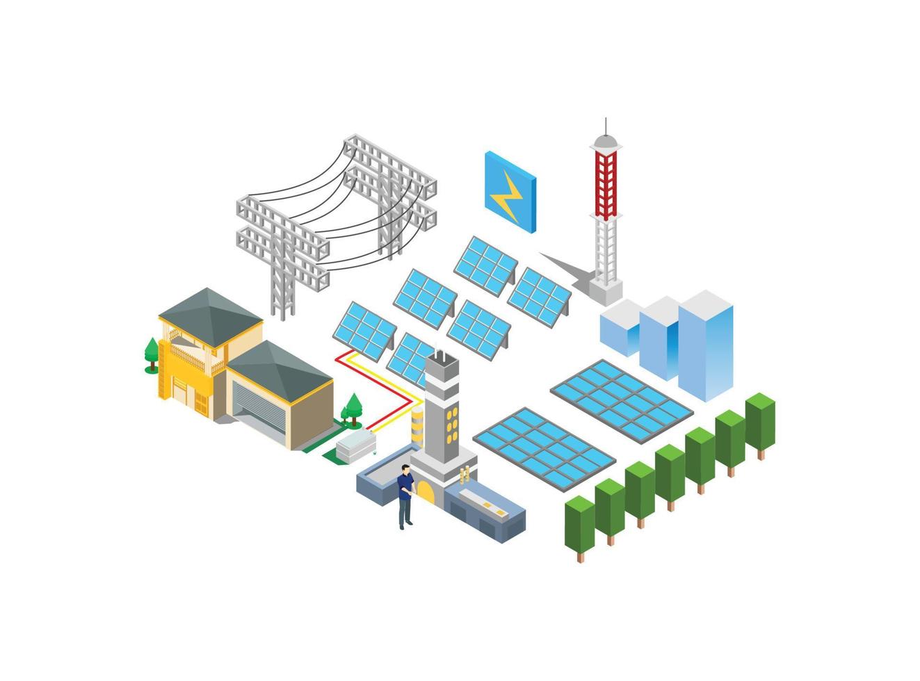 ilustración isométrica moderna de la planta de energía solar de electricidad inteligente, adecuada para diagramas, infografías, ilustración de libros, activos de juegos y otros activos relacionados con gráficos vector