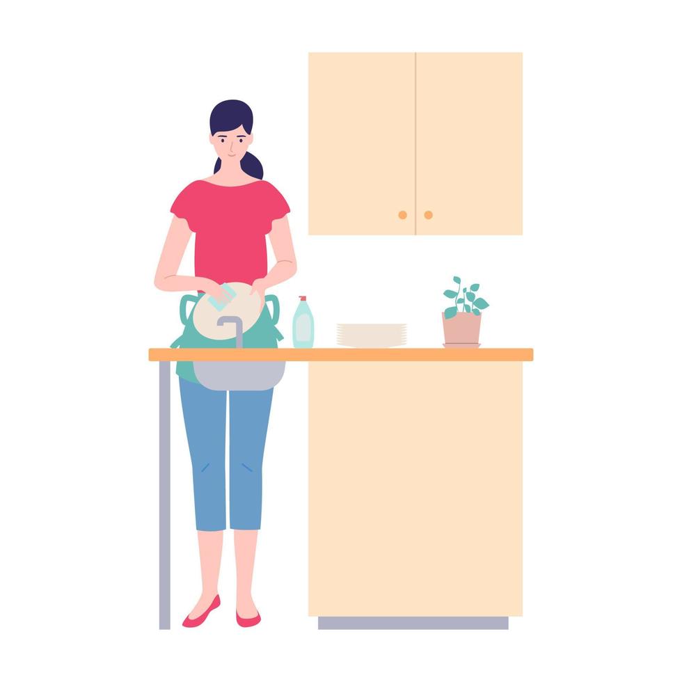 The housewife washes the dishes. The concept of house, housekeeping, interior. Vector illustration of a modern style.