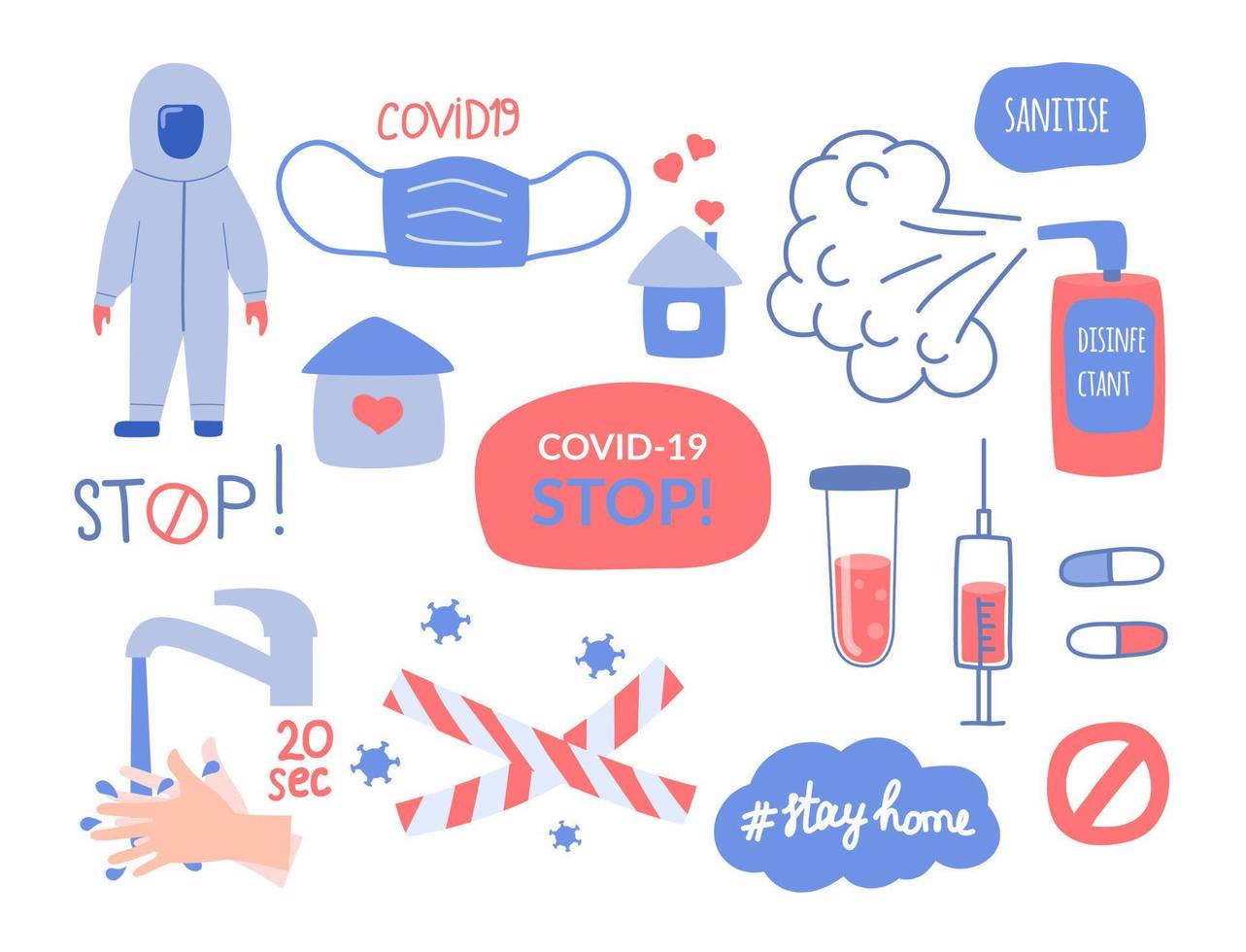 The set of elements on the subject of coronavirus, Coved 19, hygiene and medicine. Vector illustration in flat style.