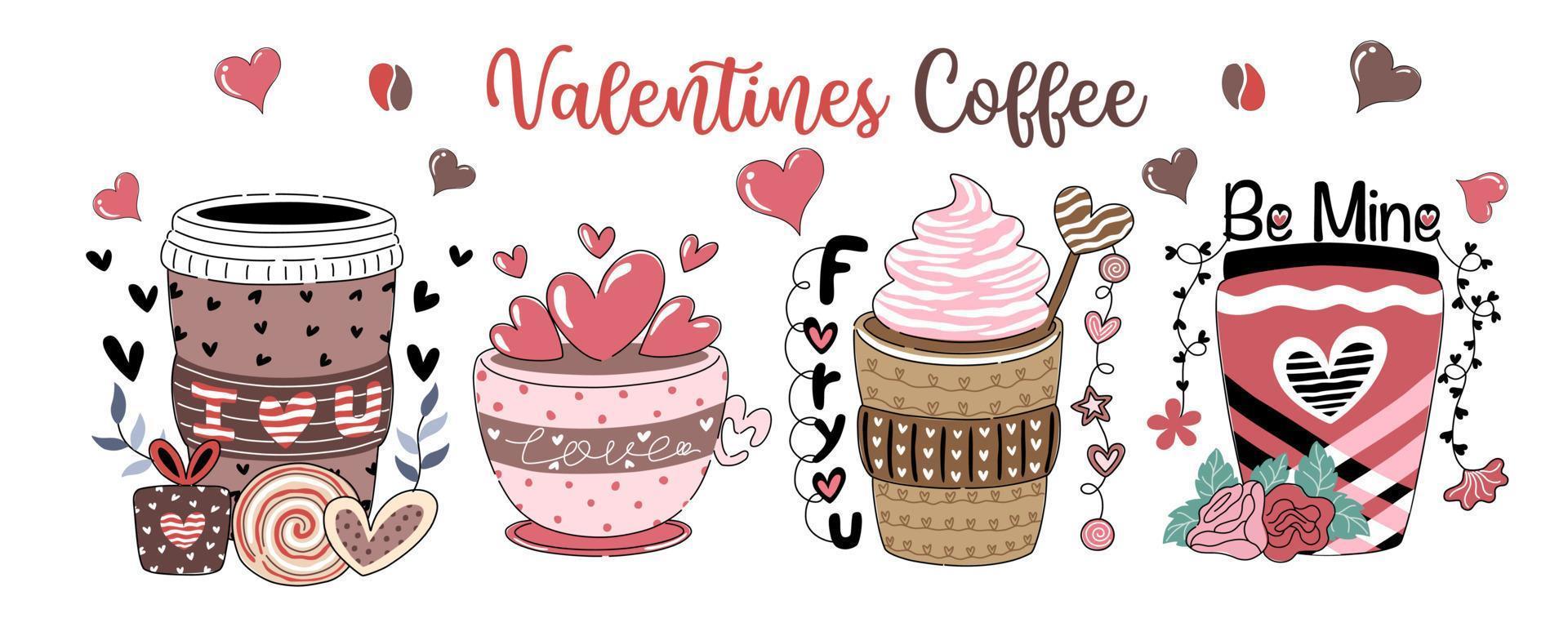 Vector illustration set valentine coffee Designed on a white background for Valentine's Day theme decoration, Valentine's coffee, digital printing, T-shirt design, stickers, bag patterns and more.