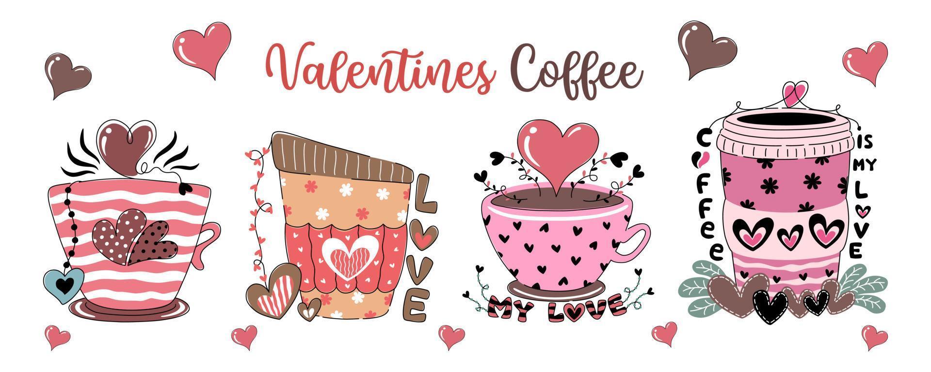 conjunto de ilustración vectorial café de san valentín diseñado en un fondo blanco para la decoración del tema del día de san valentín, café de san valentín, impresión digital, diseño de camisetas, pegatinas, patrones de bolsos y más. vector