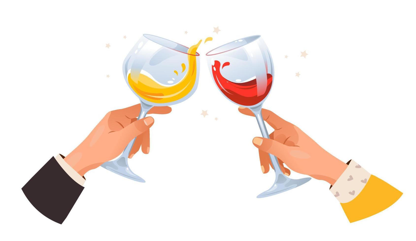 Glass with spirit in hands. Hands holding wine and champagne in glasses. Cheers or drinking toast. Cartoon vector illustration