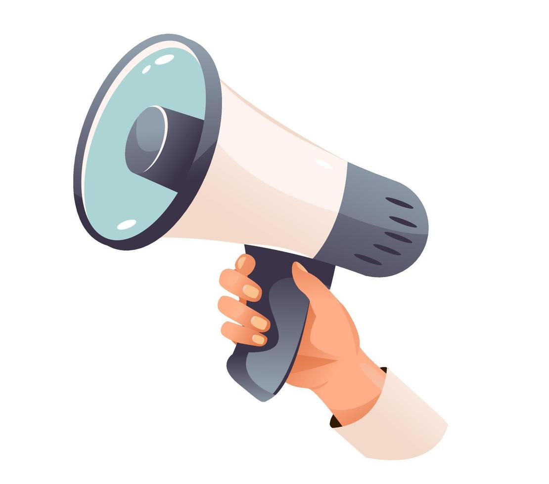 Hand hold megaphone. Loudspeaker, social media, advertising and promotion. Cartoon vector illustration