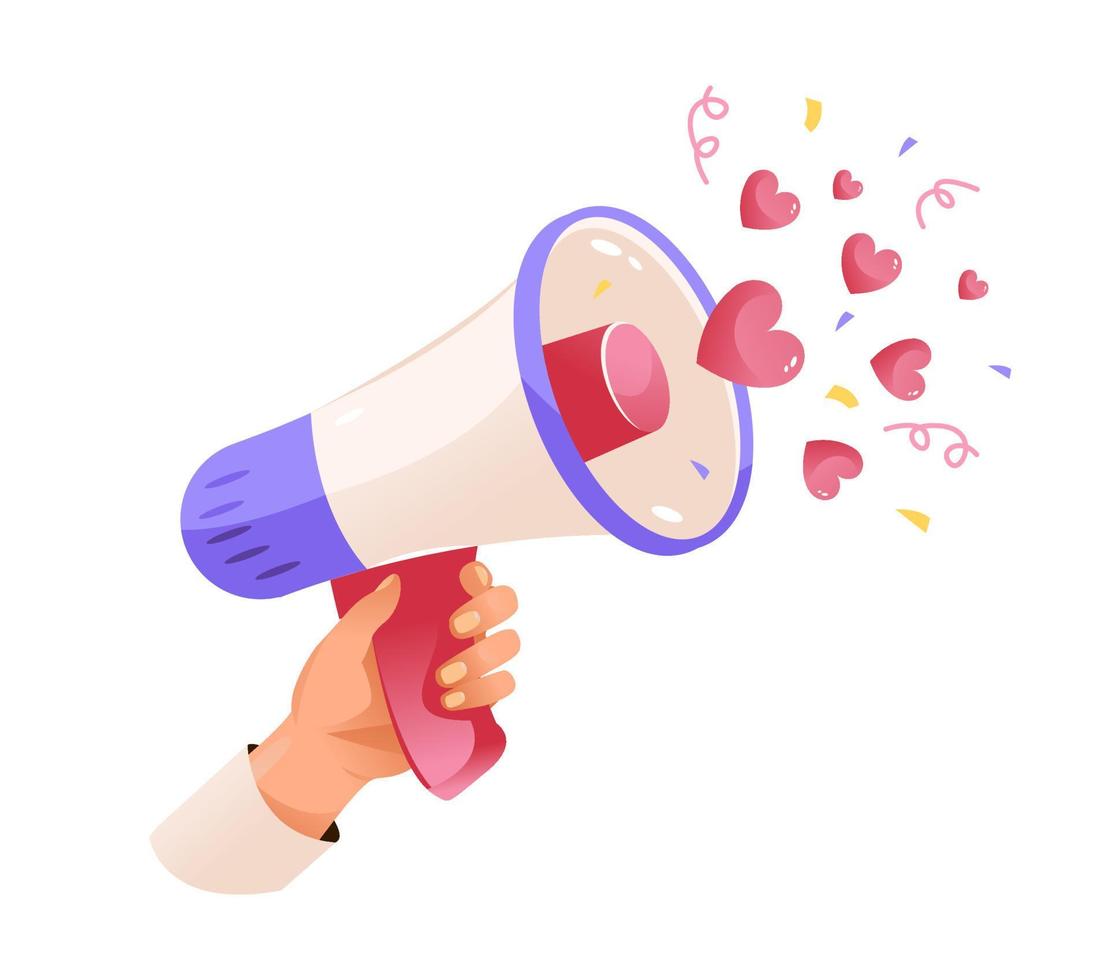 Hand hold megaphone. A loudspeaker with hearts and confetti. A love message. Valentine's Day. Vector cartoon illustration