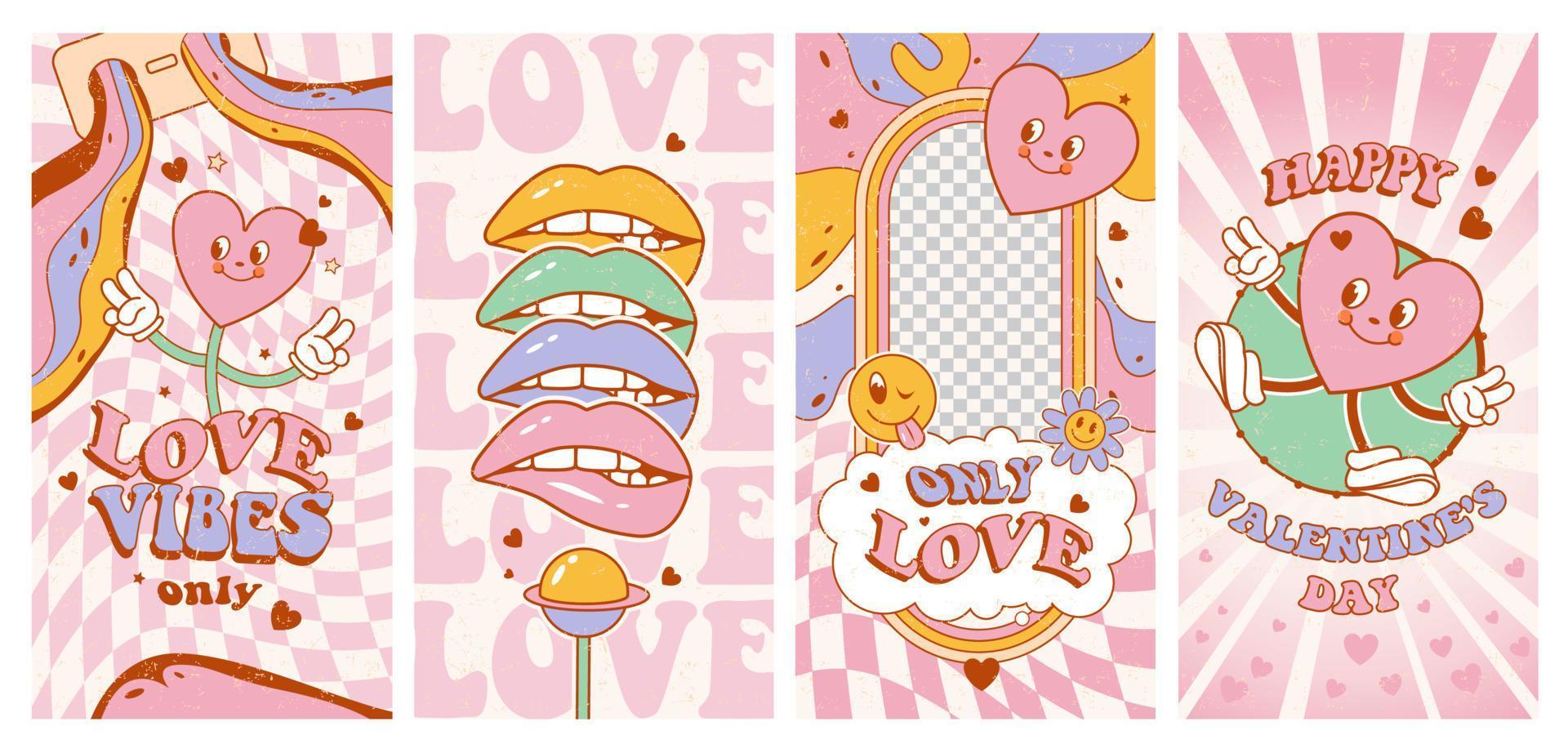 Valentine's Day in the groovy style of the 70s. Love vibes. Funny heart, lips, love in trendy retro psychedelic cartoon style. Template for the design of social networks. vector