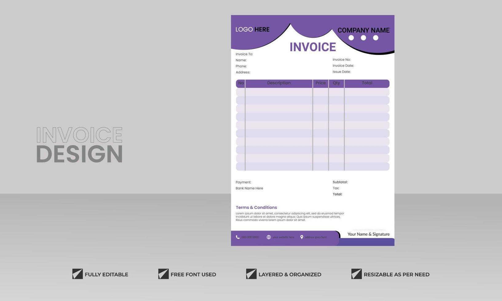 plantilla de formulario de factura comercial mínima. cotizaciones de facturación, factura de dinero, formulario de impuestos, recibo de pago, facturas de precios y plantilla de diseño de acuerdo de pago vector