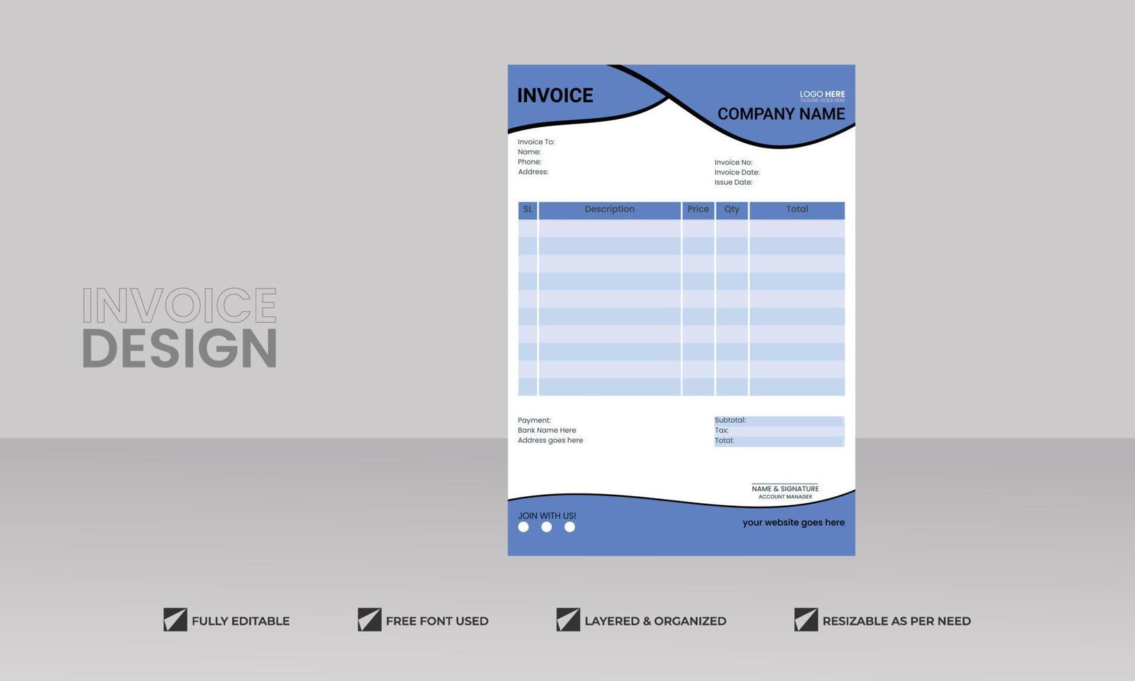 minimal Business invoice form template. Invoicing quotes, money bill, Tax form, payment receipt, price invoices and payment agreement design template vector