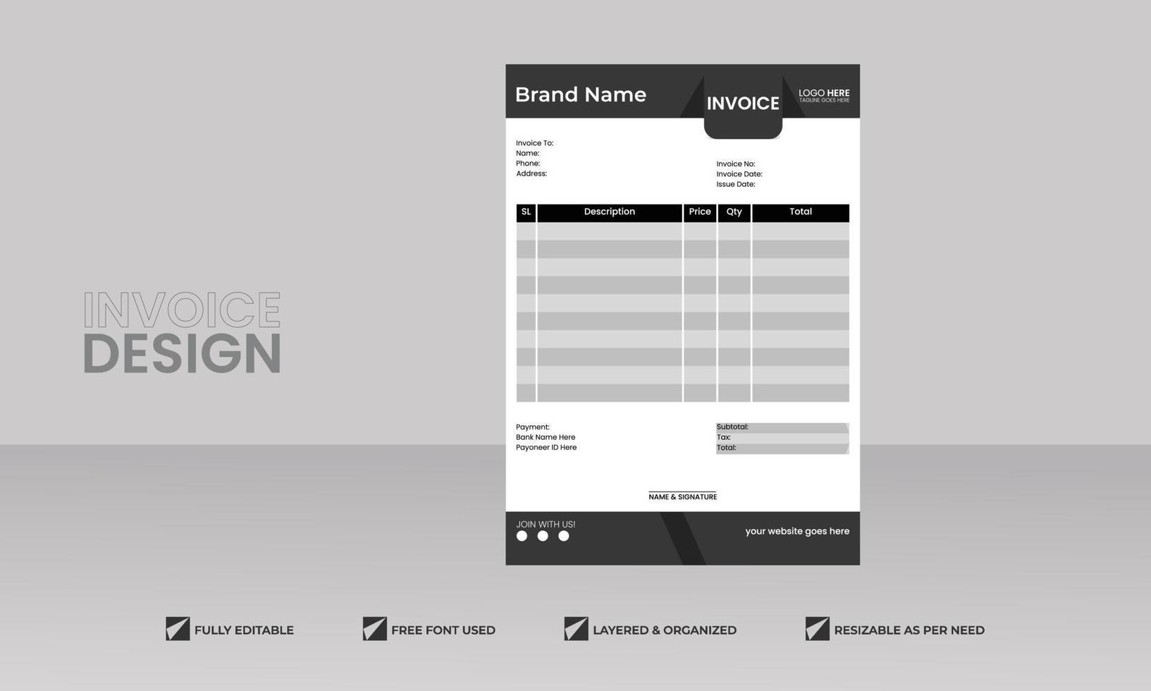 a4 business company black background minimal invoice vector design for your business, print ready template