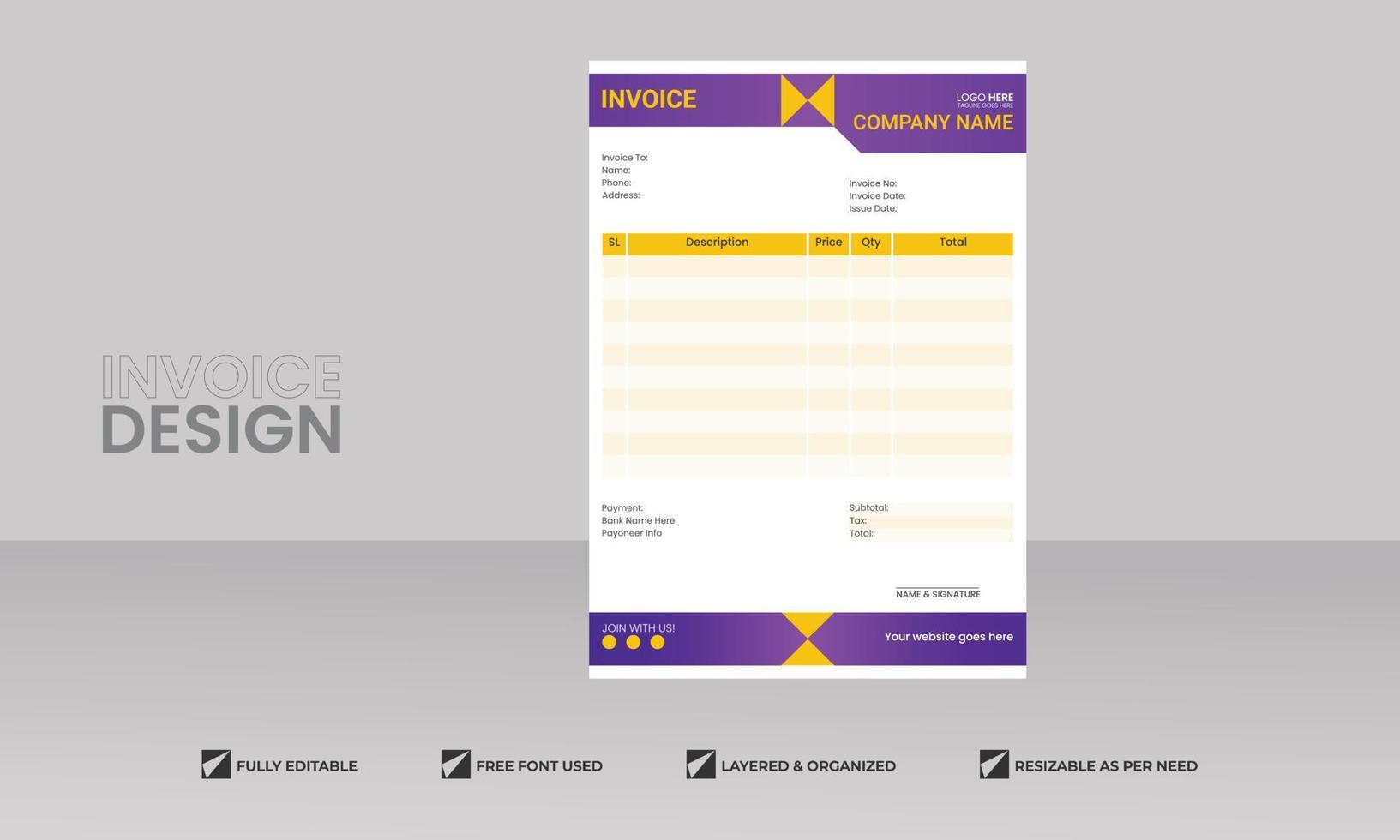 minimal Business invoice form template. Invoicing quotes, money bill, Tax form, payment receipt, price invoices and payment agreement design template vector