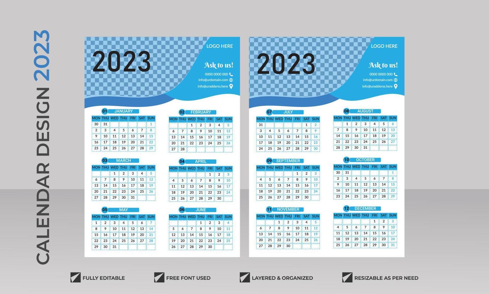 Simple one-page calendar template for year 2023 vector