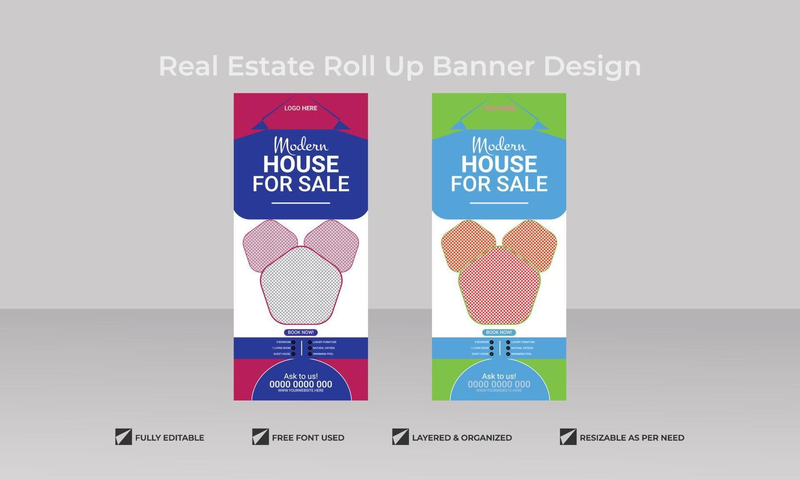 Rollup banner design minimalistic company outdoor business promotion Real estate roll up banner template vector