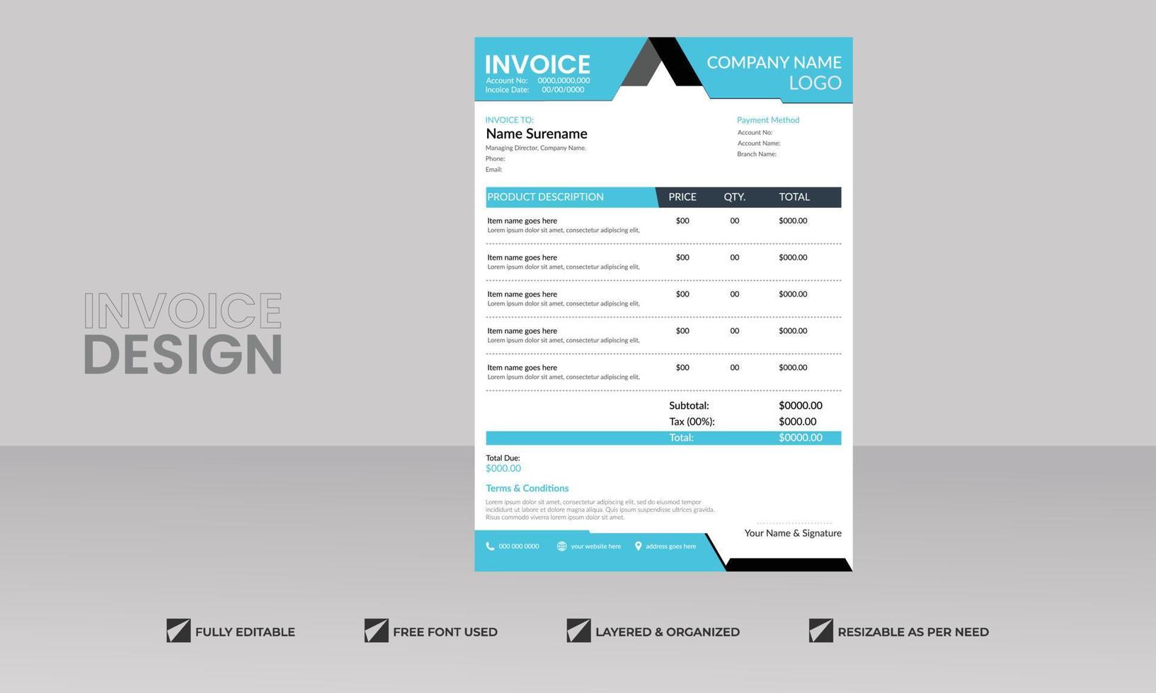 minimal Business invoice form template. Invoicing quotes, money bill, Tax form, payment receipt, price invoices and payment agreement design template vector