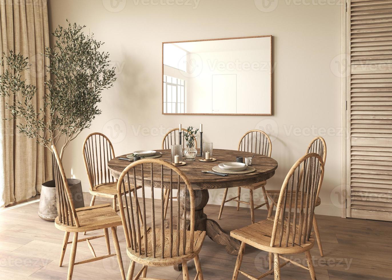 Farmhouse beige dining room interior with furniture. Scandinavian boho style. 3D rendering of a wall frame mockup. High quality illustration. photo