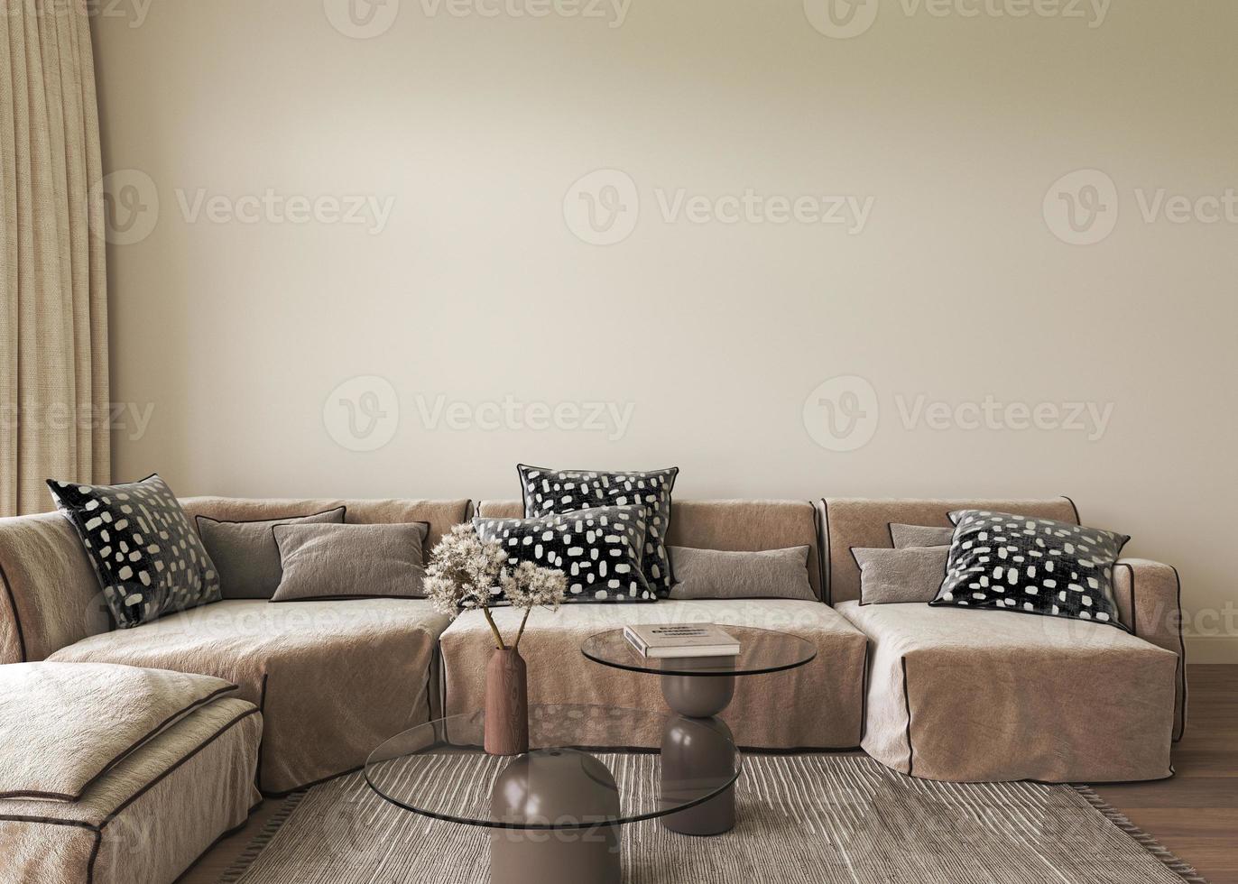 Modern classic beige interior with furniture. Scandinavian boho style. Chair with coffee table sofa, vase, book. 3D render illustration of an empty wall mockup. High quality illustration. photo
