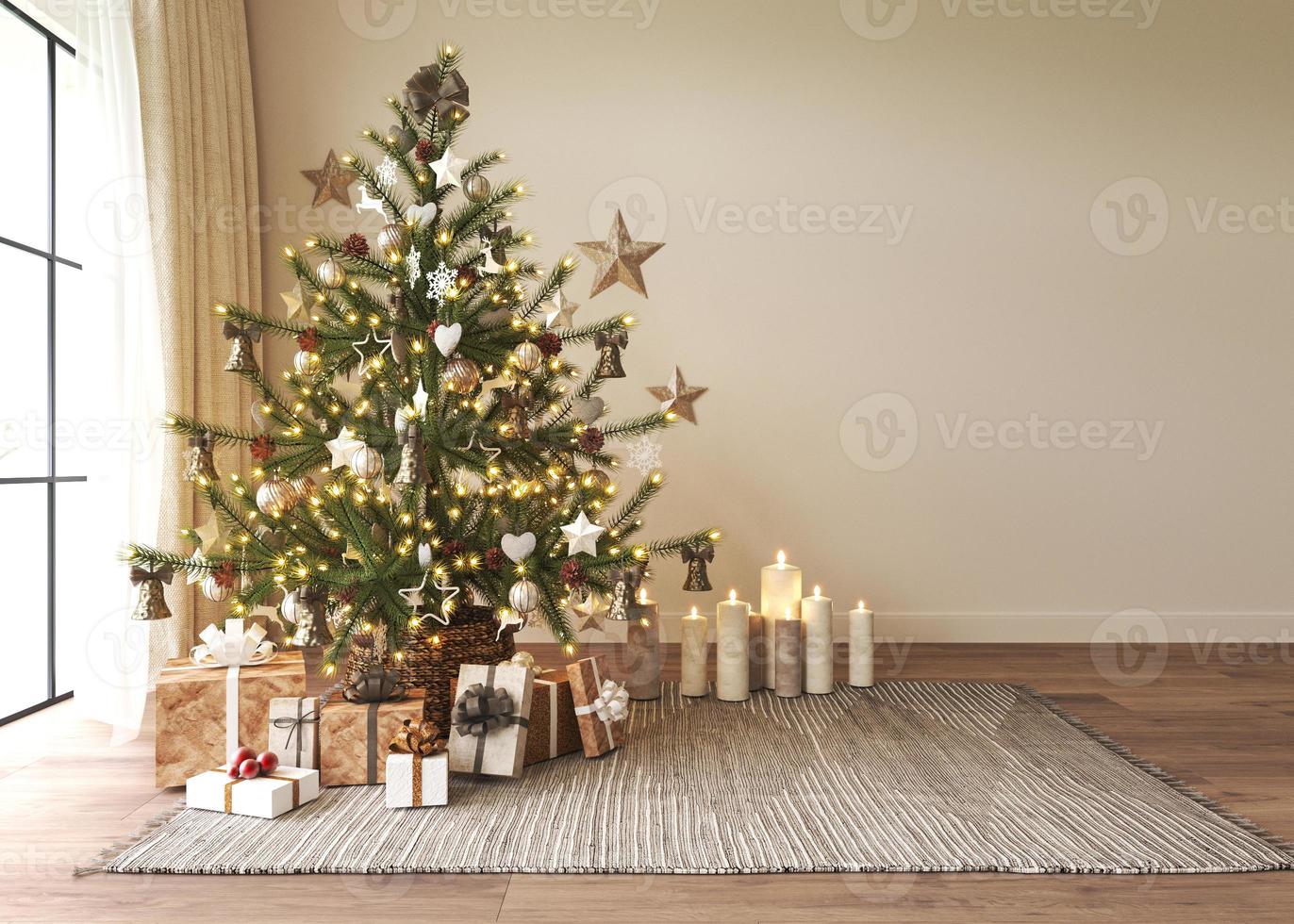 Light modern living room Christmas interior in Scandinavian style. Beautiful Christmas tree with gift boxes and lighting. Beige empty wall mockup. 3d rendering high quality illustration. photo