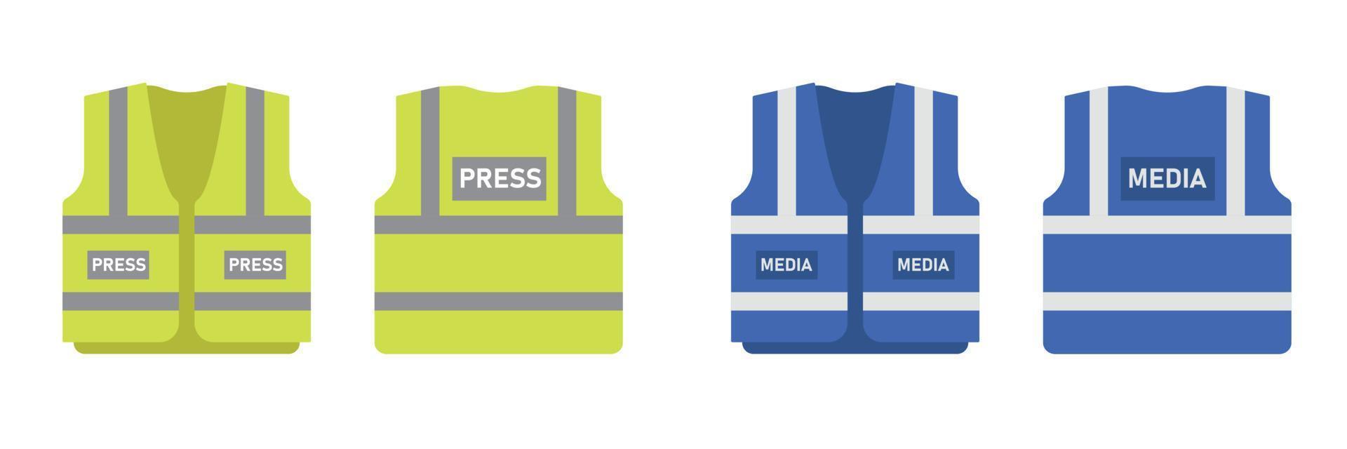 Safety press vest templates set. Blue and yellow uniform for press-people. Vector illustration on grey background