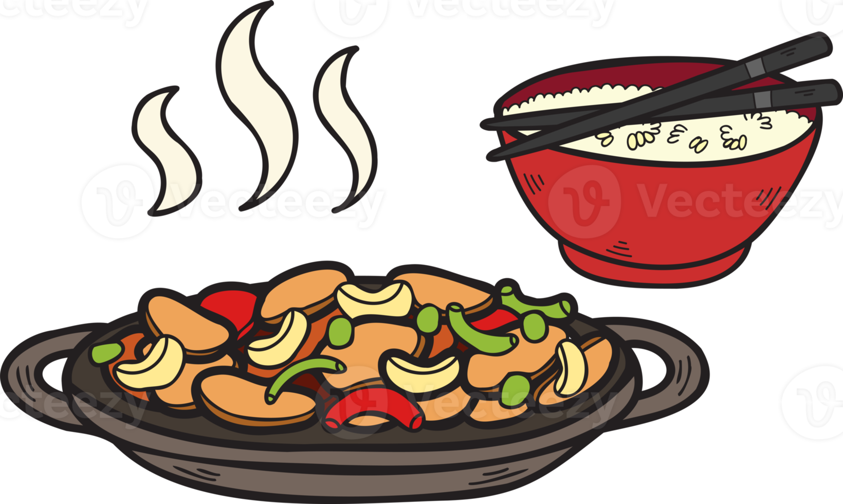 Hand Drawn Rice with Fried Vegetables Chinese and Japanese food illustration png