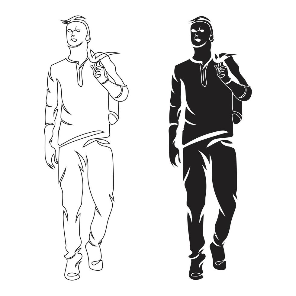 Young man stand line art drawing style, the man sketch black linear isolated on white background, the best man walk vector illustration.