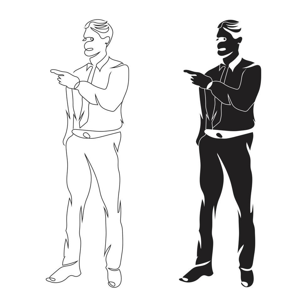 apuesto hombre de negocios profesional que indica el estilo de dibujo de arte de línea de los dedos, el soporte del hombre boceto lineal negro aislado sobre fondo blanco, la mejor ilustración de vector de hombre.