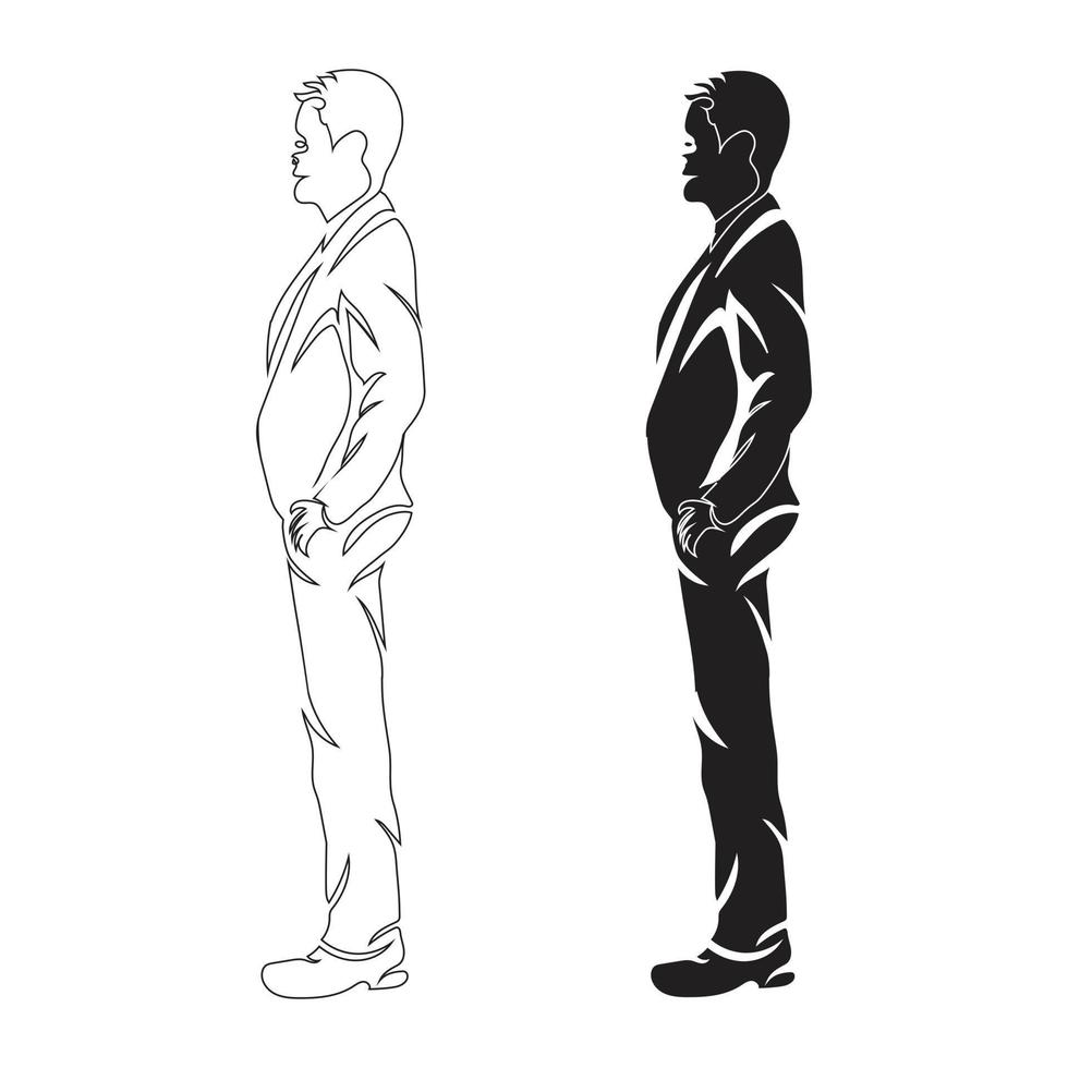 Business man stand line art drawing style, the man sketch black linear isolated on white background, the best business man stand vector illustration.